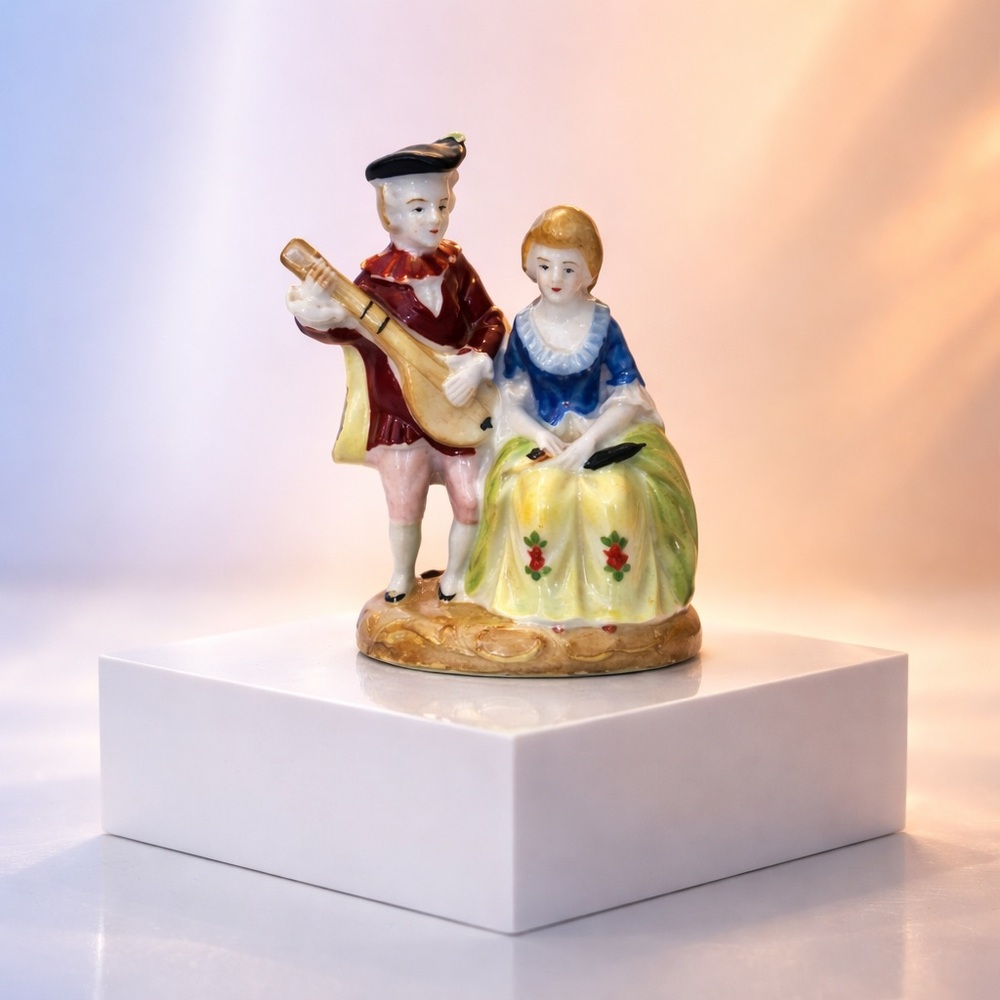 Occupied Japan Ceramic Porcelain Victorian Couple Playing Music Figurine